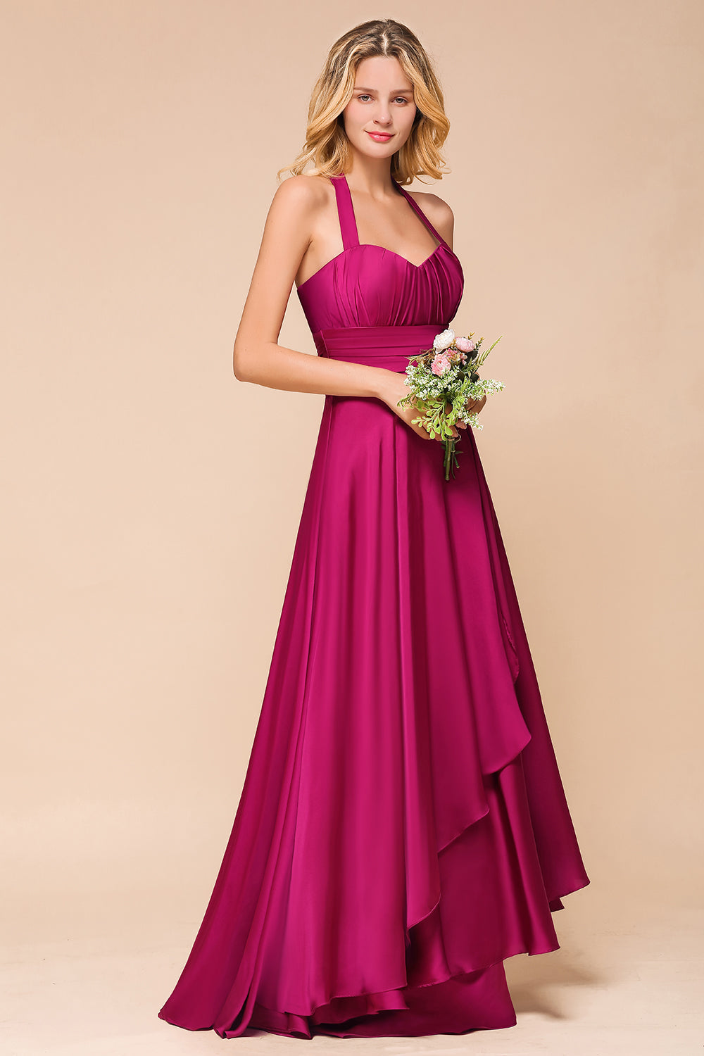 Fuchsia Halter Chiffon Bridesmaid Dresses Long Online-27dress