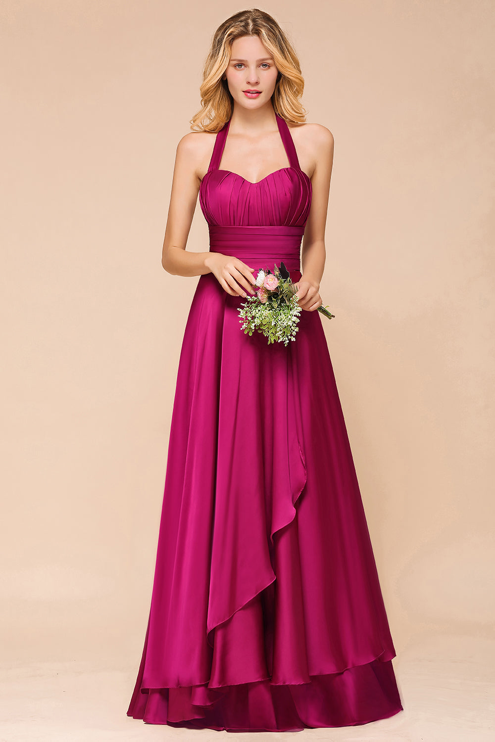 Fuchsia Halter Chiffon Bridesmaid Dresses Long Online-27dress