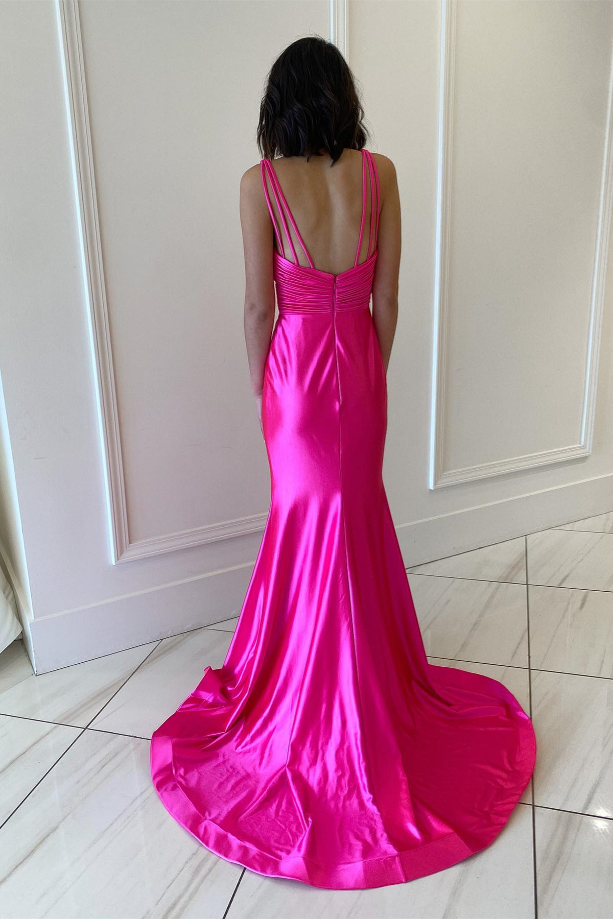 Fuchsia Mermaid Plunging V Neck Satin Mermaid Long Prom Dress