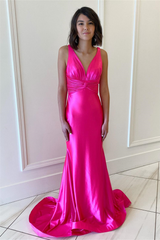 Fuchsia Mermaid Plunging V Neck Satin Mermaid Long Prom Dress