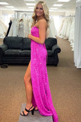 Fuchsia Mermaid Strapless Sequins Lace-Up Long Prom Dress with Slit