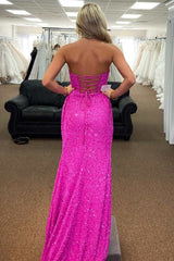 Fuchsia Mermaid Strapless Sequins Lace-Up Long Prom Dress with Slit