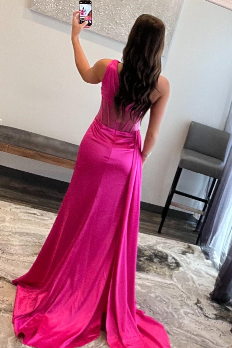 Fuchsia One Shoulder Boning Pleated Satin Long Prom Dress