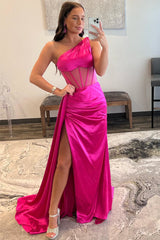 Fuchsia One Shoulder Boning Pleated Satin Long Prom Dress