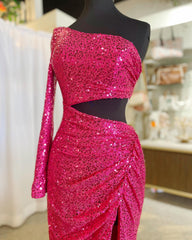 Fuchsia One Shoulder Cut-Out Pleated Long Prom Dress with Long Sleeve