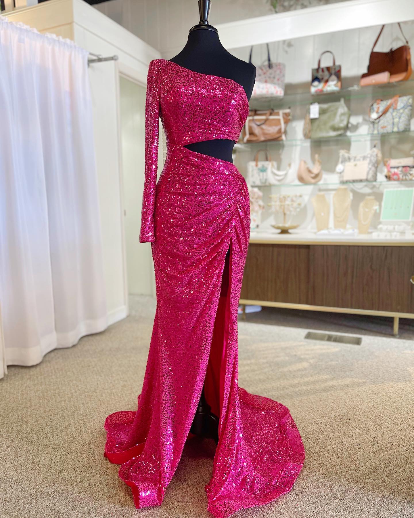 Fuchsia One Shoulder Cut-Out Pleated Long Prom Dress with Long Sleeve