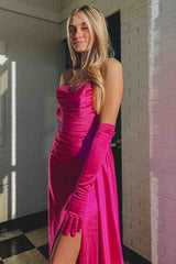 Fuchsia Strapless Mermaid Satin Pleated Long Prom Dress