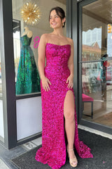 Fuchsia Strapless Sequins Long Prom Dress with Slit