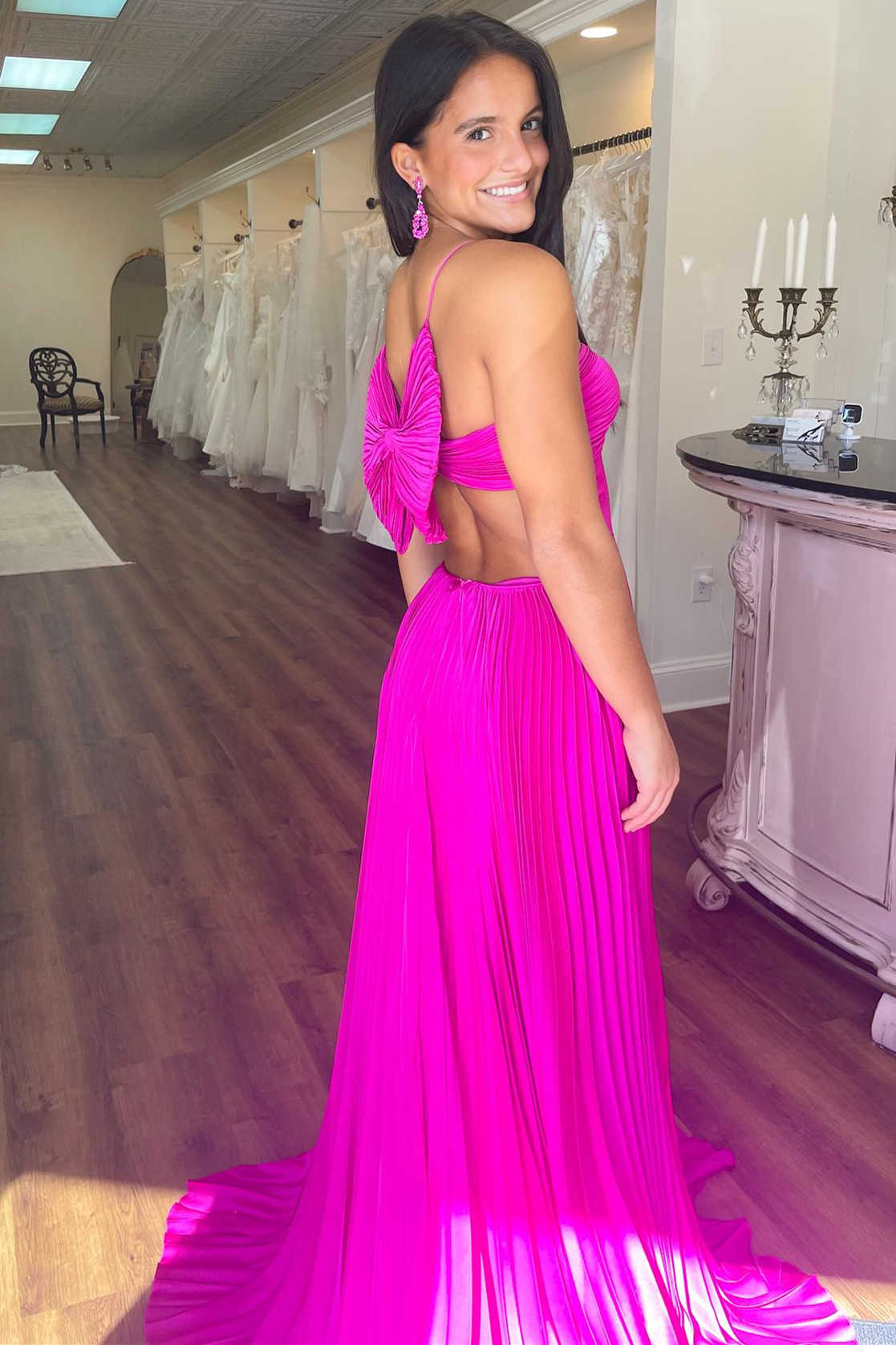 Fuchsia Straps Pleated A-Line Prom Dress with Bow