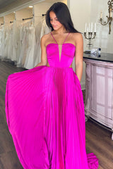 Fuchsia Straps Pleated A-Line Prom Dress with Bow