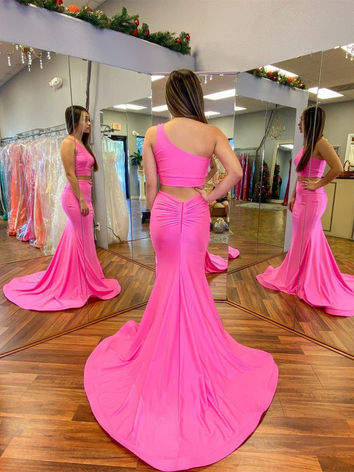 Fuchsia Two Pieces Mermaid One Shoulder Prom Dress Long Formal Graduation Evening Dresses-27Dress