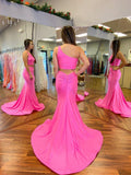 Fuchsia Two Pieces Mermaid One Shoulder Prom Dress Long Formal Graduation Evening Dresses-27Dress