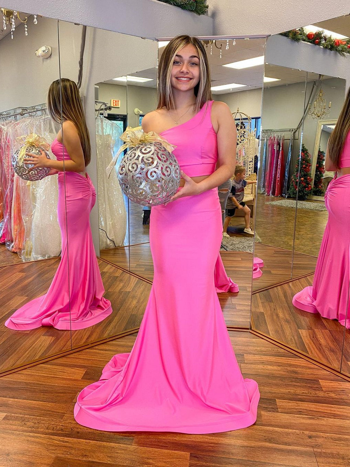 Fuchsia Two Pieces Mermaid One Shoulder Prom Dress Long Formal Graduation Evening Dresses-27Dress