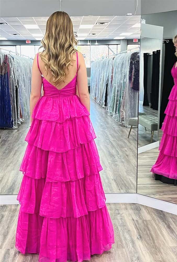 Fuchsia V-Neck Chiffon Maxi Dress with Straps