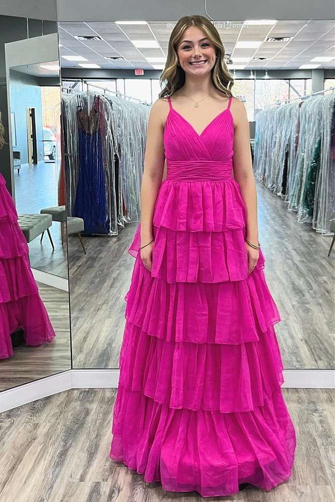 Fuchsia V-Neck Chiffon Maxi Dress with Straps