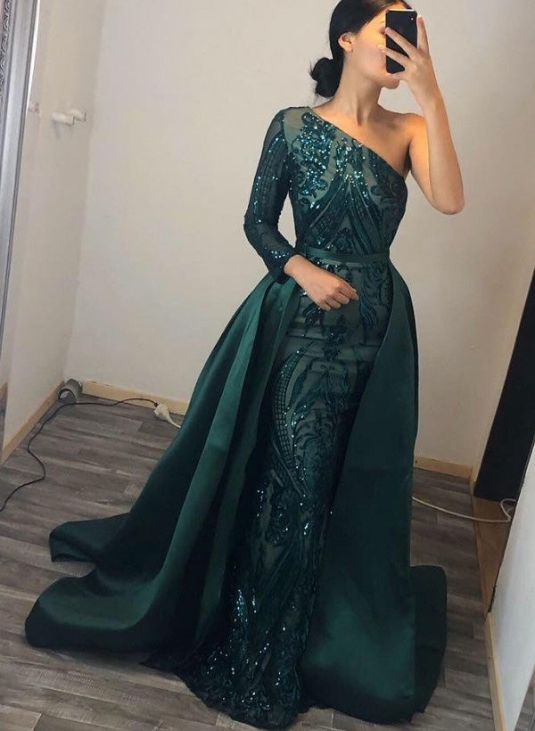 Glam Up in Style with One-Shoulder Long Sleeves Sequined Lace Prom Dresses-27dress