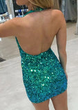 Glam up in this Sheath/Column Halter Sleeveless Sequined Short/Mini Homecoming Dress-27dress