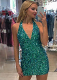 Glam up in this Sheath/Column Halter Sleeveless Sequined Short/Mini Homecoming Dress-27dress