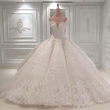 Glamoeous A-line White Lace Wedding Dresses With Appliques Off-the-shoulder Ruffles Bridal Gowns Online-27dress