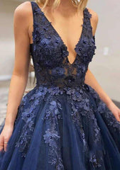 Glamorous A-Line V-Neck Lace Tulle Prom Dress with Appliqu¡§|-27dress