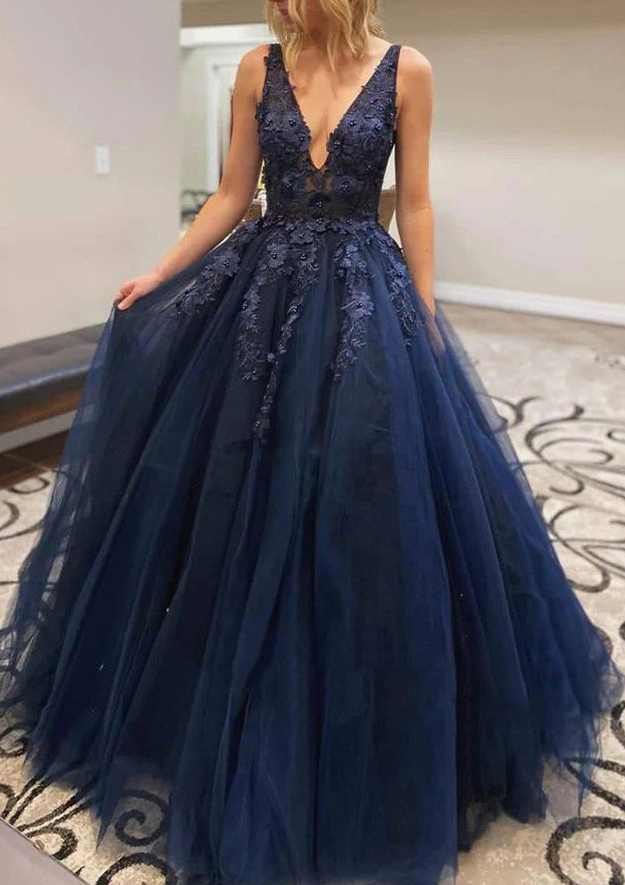 Glamorous A-Line V-Neck Lace Tulle Prom Dress with Appliqu¡§|-27dress