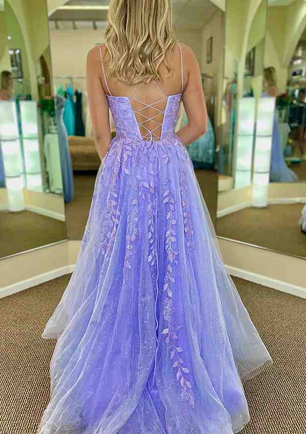 Glamorous A-line V Neck Spaghetti Straps Prom Dress with Sweep Train and Appliqued Glitter-27dress