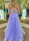 Glamorous A-line V Neck Spaghetti Straps Prom Dress with Sweep Train and Appliqued Glitter-27dress