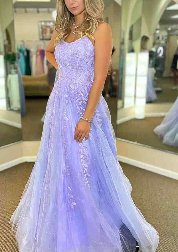 A-line V Neck Spaghetti Straps Sweep Train Tulle Prom Dress With Appliqued  Split Glitter