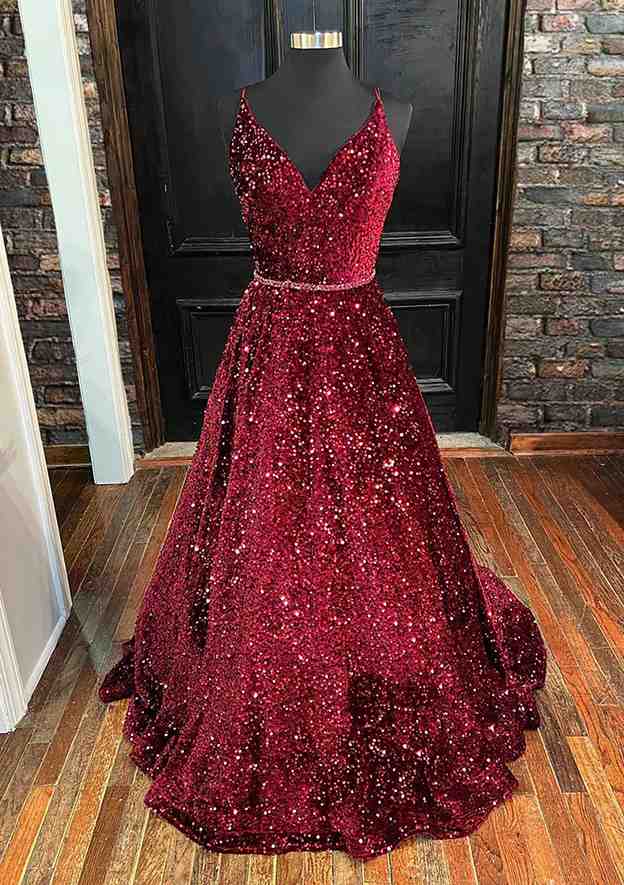 Glamorous A-line Velvet Sequins Prom Dress with Beading and V Neck Spaghetti Straps-27dress