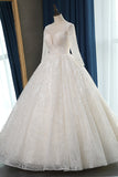 Glamorous Ball Gown Jewel Appliques Wedding Dress Long Sleeves Bridal Gowns Online-27dress
