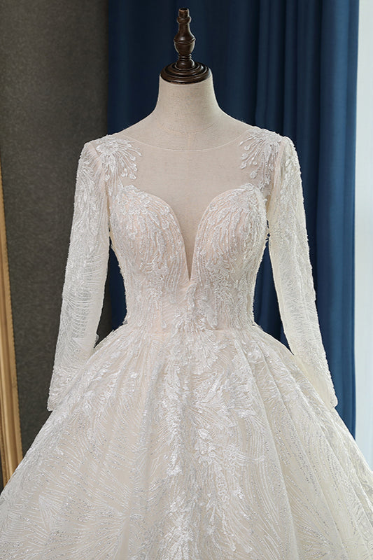 Glamorous Ball Gown Jewel Appliques Wedding Dress Long Sleeves Bridal Gowns Online-27dress