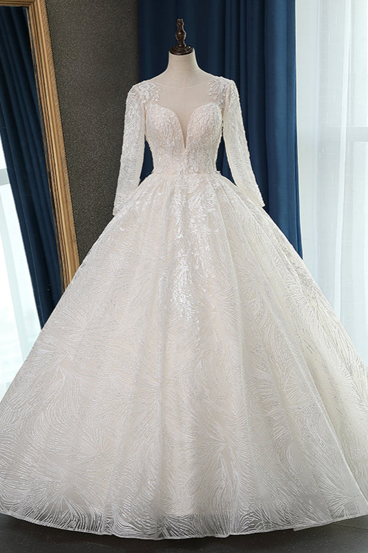 Glamorous Ball Gown Jewel Appliques Wedding Dress Long Sleeves Bridal Gowns Online-27dress