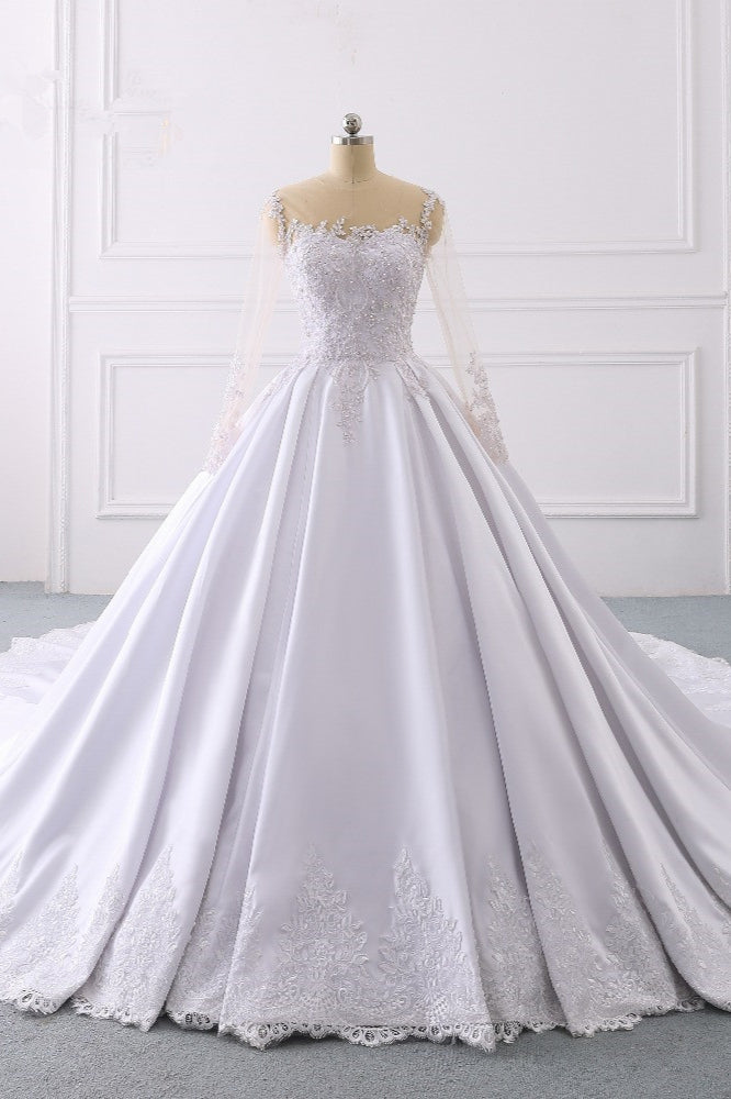 Glamorous Ball Gown Jewel Satin Tulle Wedding Dress Long Sleeves Ruffles Lace Bridal Gowns Online-27dress