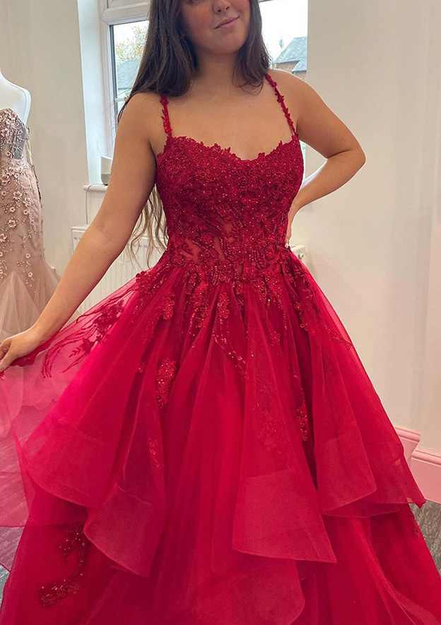 Glamorous Ball Gown V Neck Sleeveless Tulle Prom Dress With Appliqued Beading-27dress