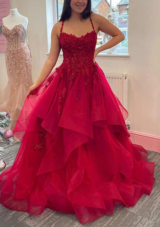 Glamorous Ball Gown V Neck Sleeveless Tulle Prom Dress With Appliqued Beading-27dress