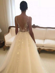 Glamorous Ball Gown V-neck Tulle Sweep Train Wedding Dress with Beading