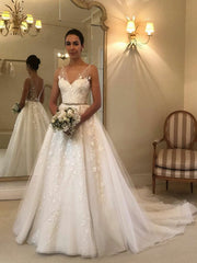 Glamorous Ball Gown V-neck Tulle Sweep Train Wedding Dress with Beading