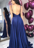 Glamorous Charmeuse Prom Dress With Split Pleated A-line/Princess V Neck Sleeveless Sweep Train-27dress