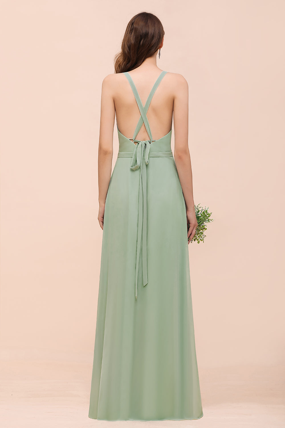 Glamorous Dusty Sage V-Neck Straps Affordable Bridesmaid Dress-27dress