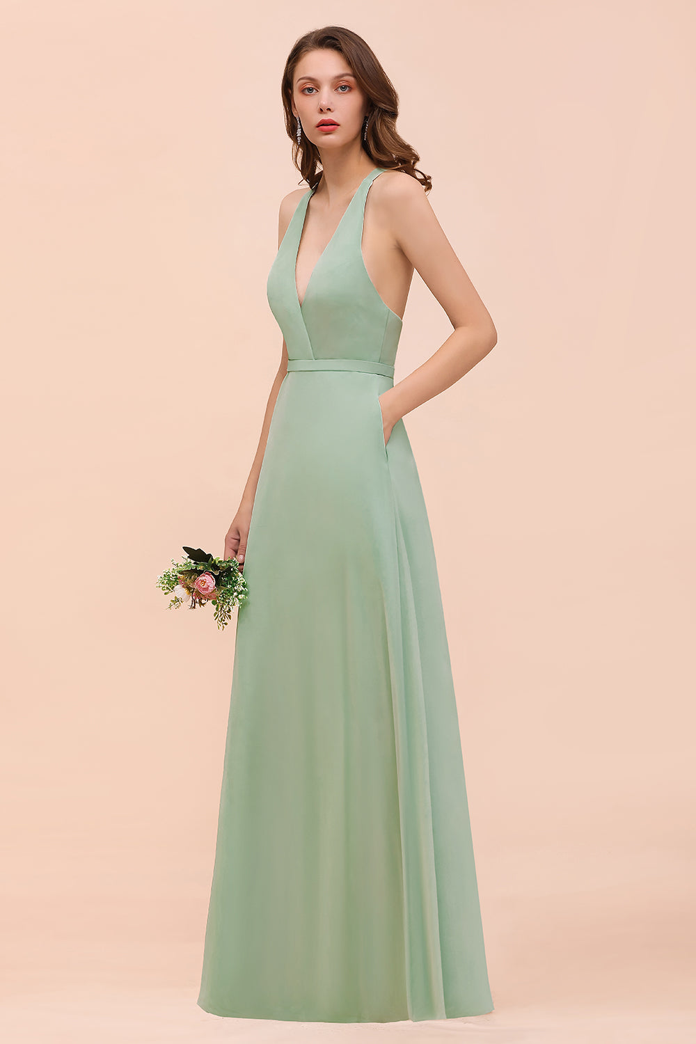 Glamorous Dusty Sage V-Neck Straps Affordable Bridesmaid Dress-27dress