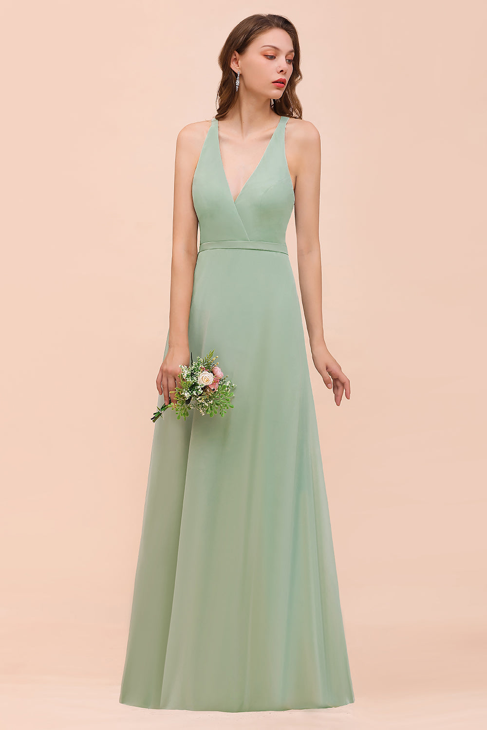 Glamorous Dusty Sage V-Neck Straps Affordable Bridesmaid Dress-27dress