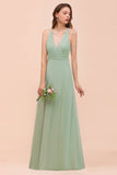 Glamorous Dusty Sage V-Neck Straps Affordable Bridesmaid Dress-27dress