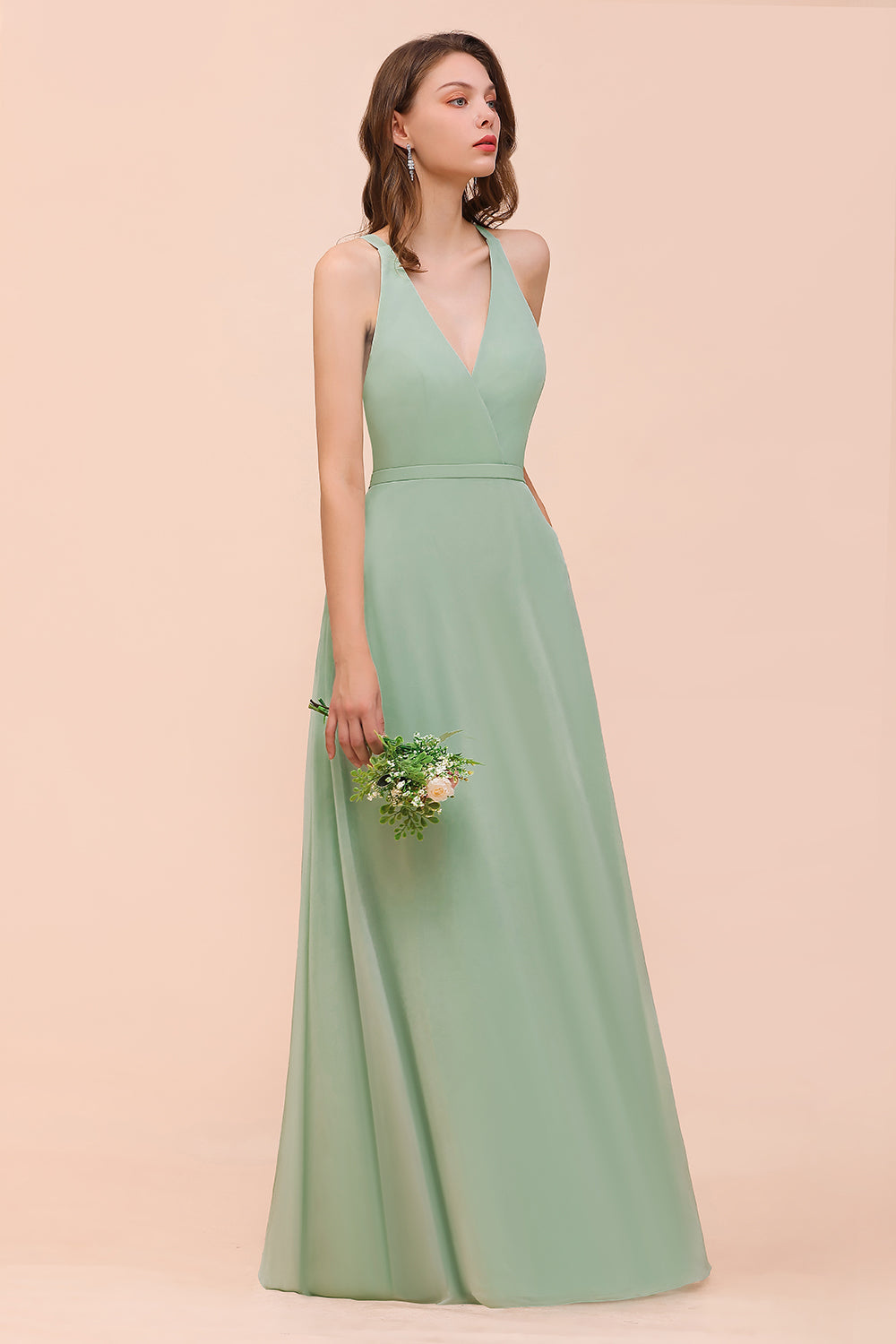 Glamorous Dusty Sage V-Neck Straps Affordable Bridesmaid Dress-27dress