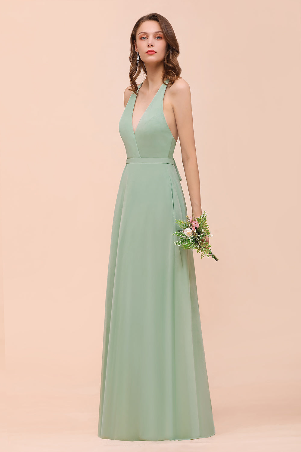 Glamorous Dusty Sage V-Neck Straps Affordable Bridesmaid Dress-27dress