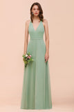 Glamorous Dusty Sage V-Neck Straps Affordable Bridesmaid Dress-27dress