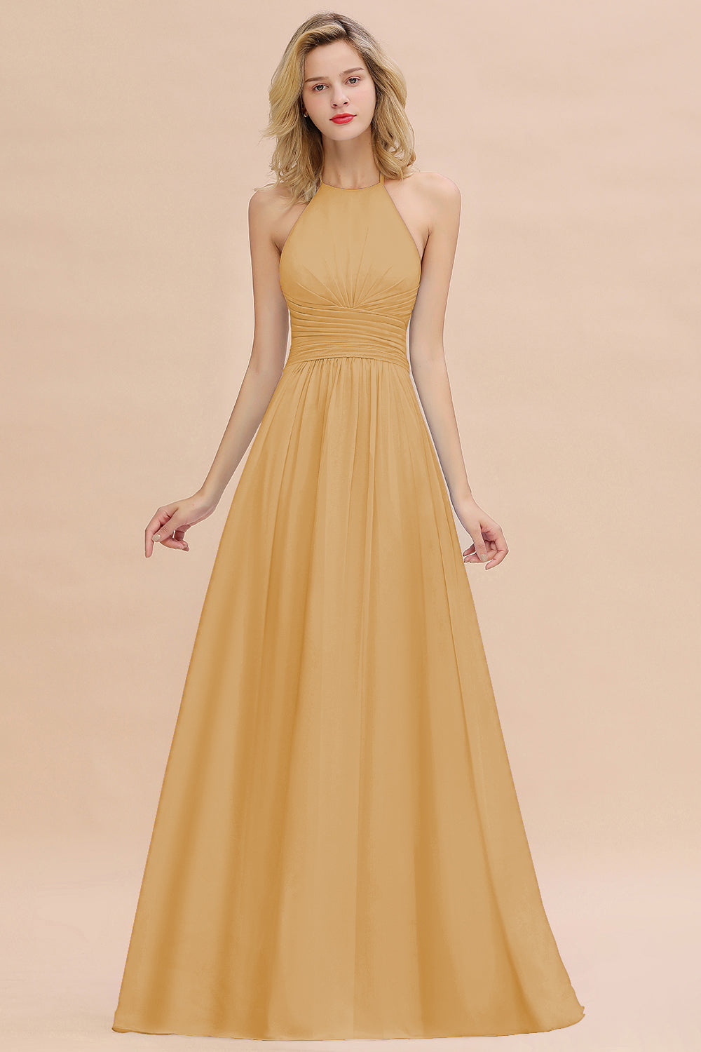 Glamorous Halter Backless Long Affordable Bridesmaid Dresses with Ruffle-27dress