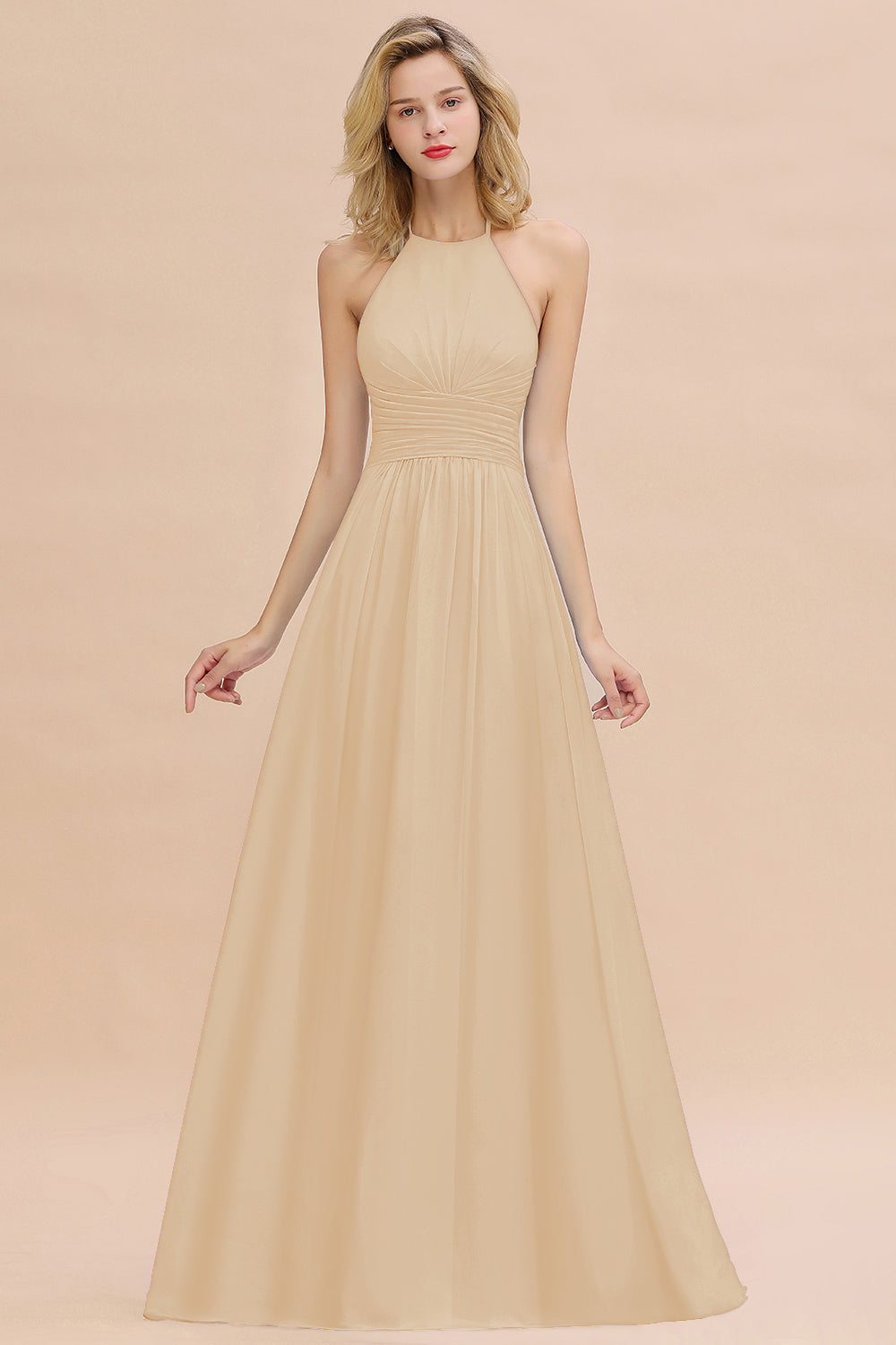 Glamorous Halter Backless Long Affordable Bridesmaid Dresses with Ruffle-27dress