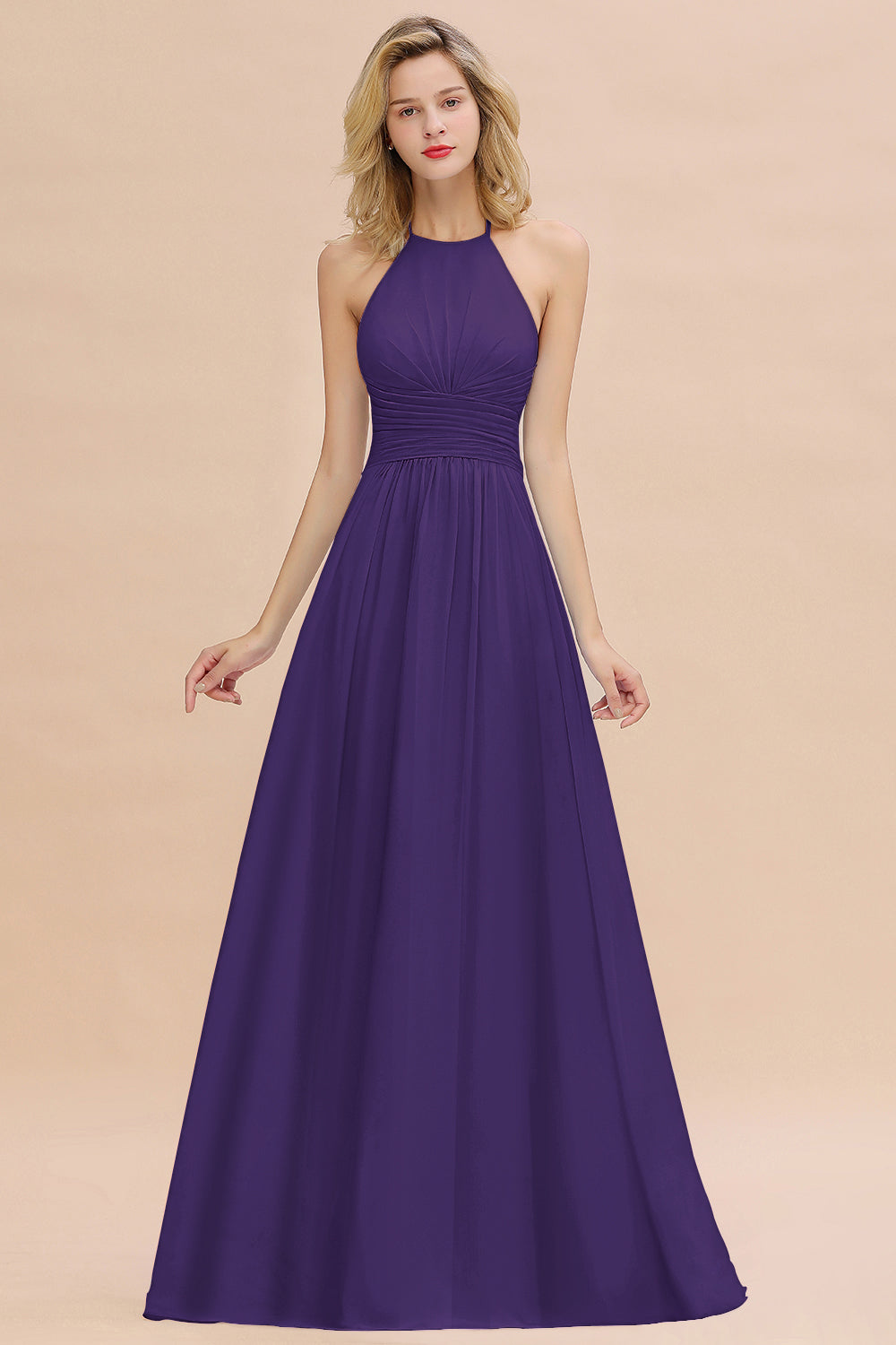 Glamorous Halter Backless Long Affordable Bridesmaid Dresses with Ruffle-27dress