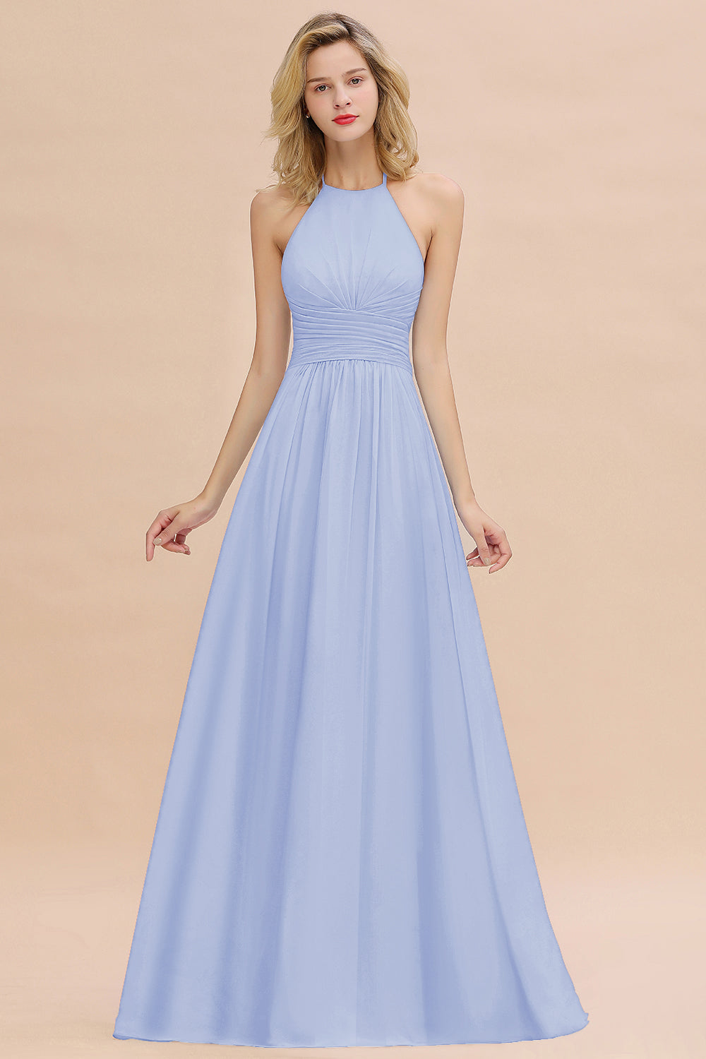 Glamorous Halter Backless Long Affordable Bridesmaid Dresses with Ruffle-27dress