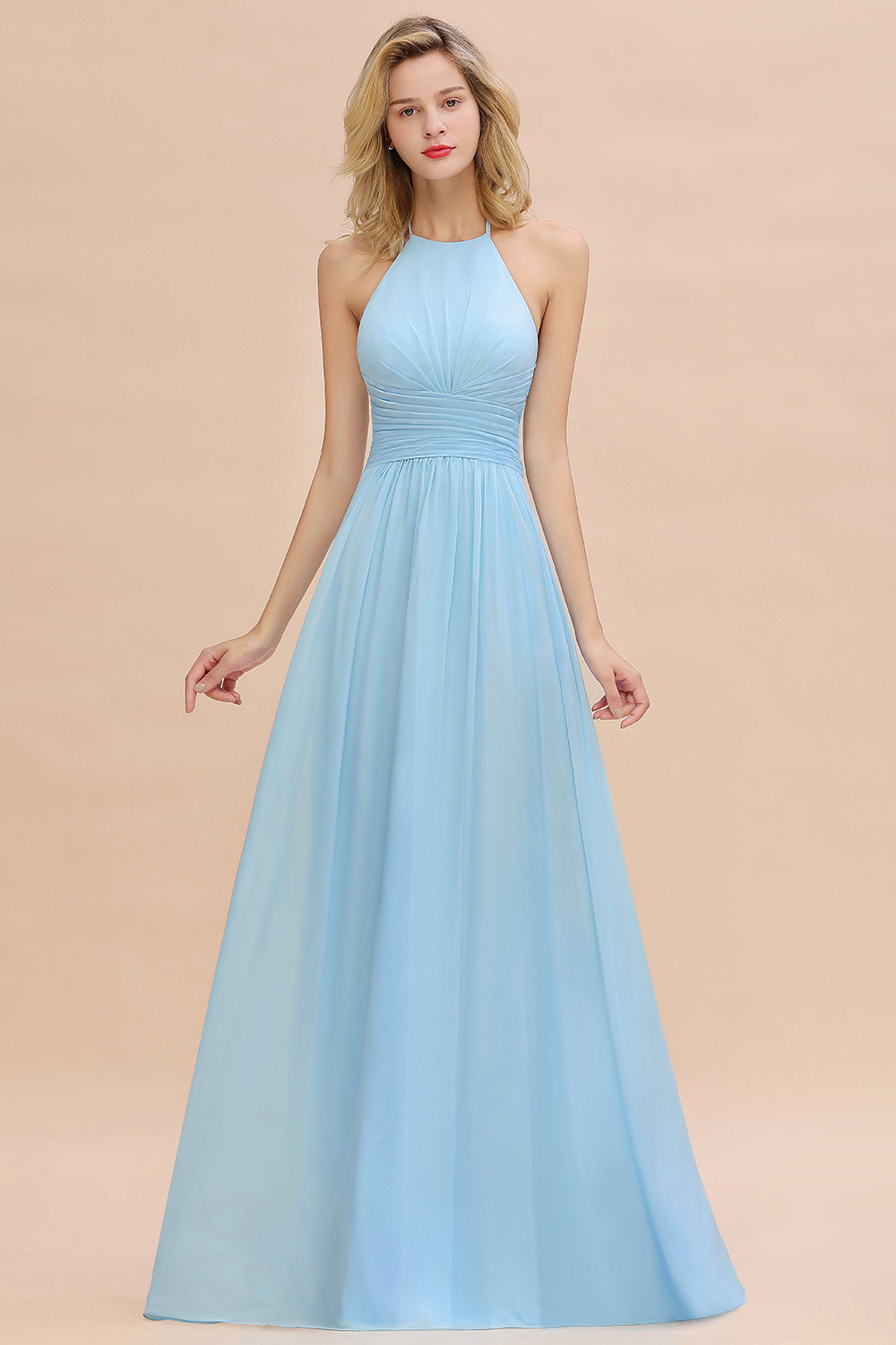 Glamorous Halter Backless Long Affordable Bridesmaid Dresses with Ruffle-27dress